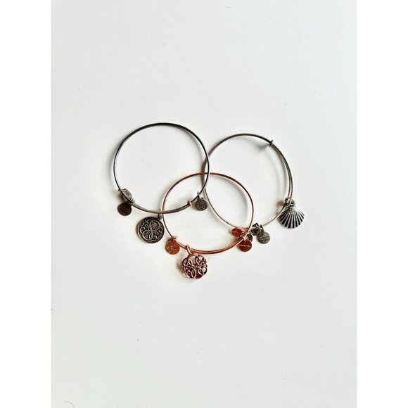 Lot of 3 ALEX & ANI Path of Life Silver & Rose Gold Charm Wire Bangle Bracelets - Picture 1 of 14